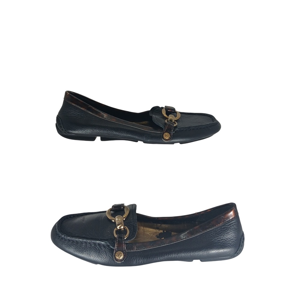 Anne Klein AKYETTA Loafers 6M Black Leather Tortoise Trim Gold Horsebit Preppy